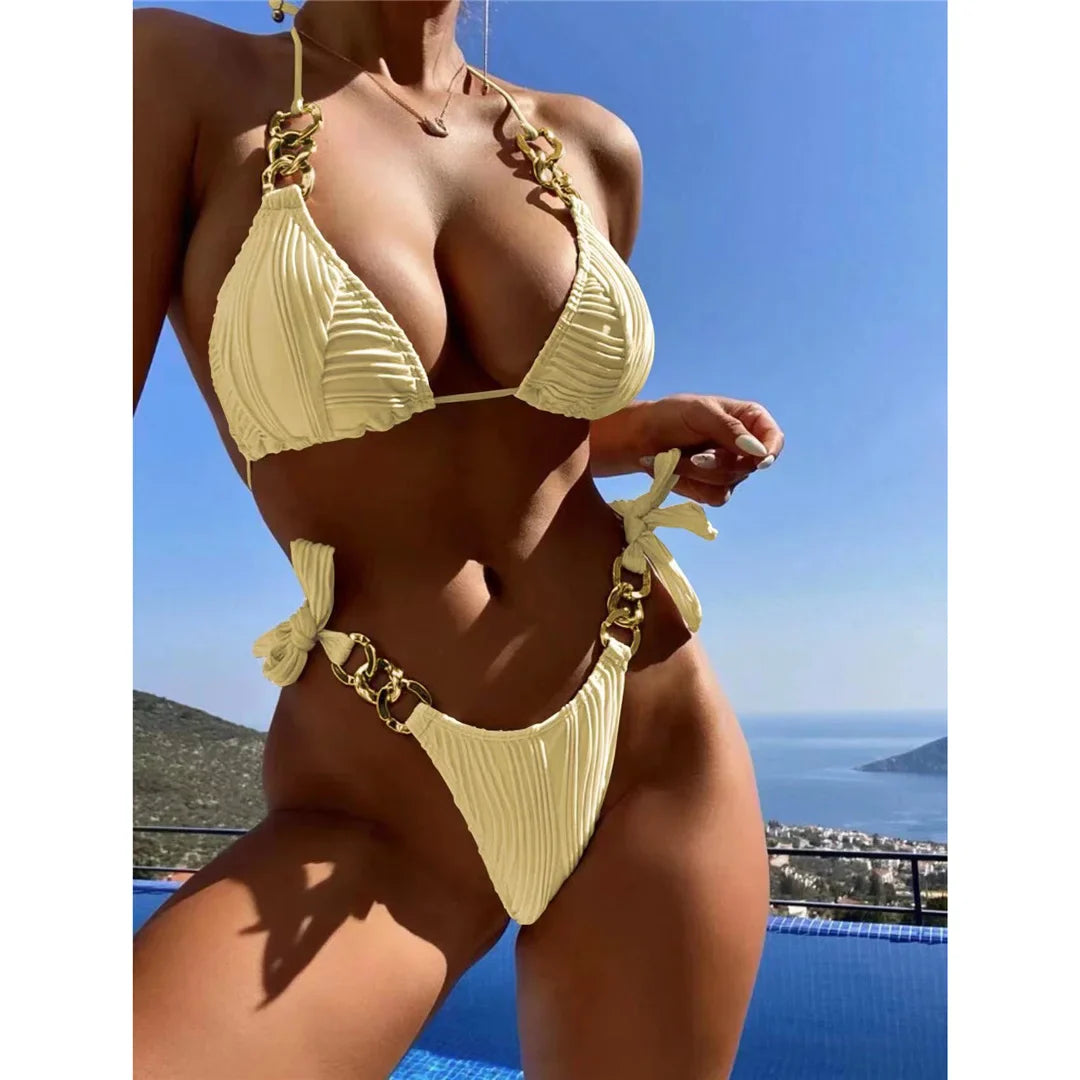 Metal Rings Halter Wrinkled Bikini Set Yellow