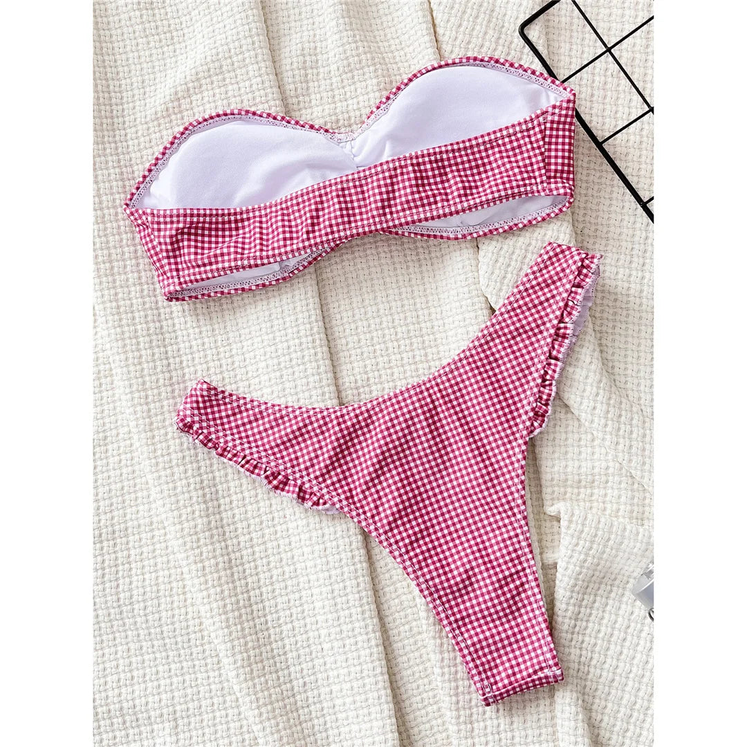Plaid Bandeau Brazilian Bikini
