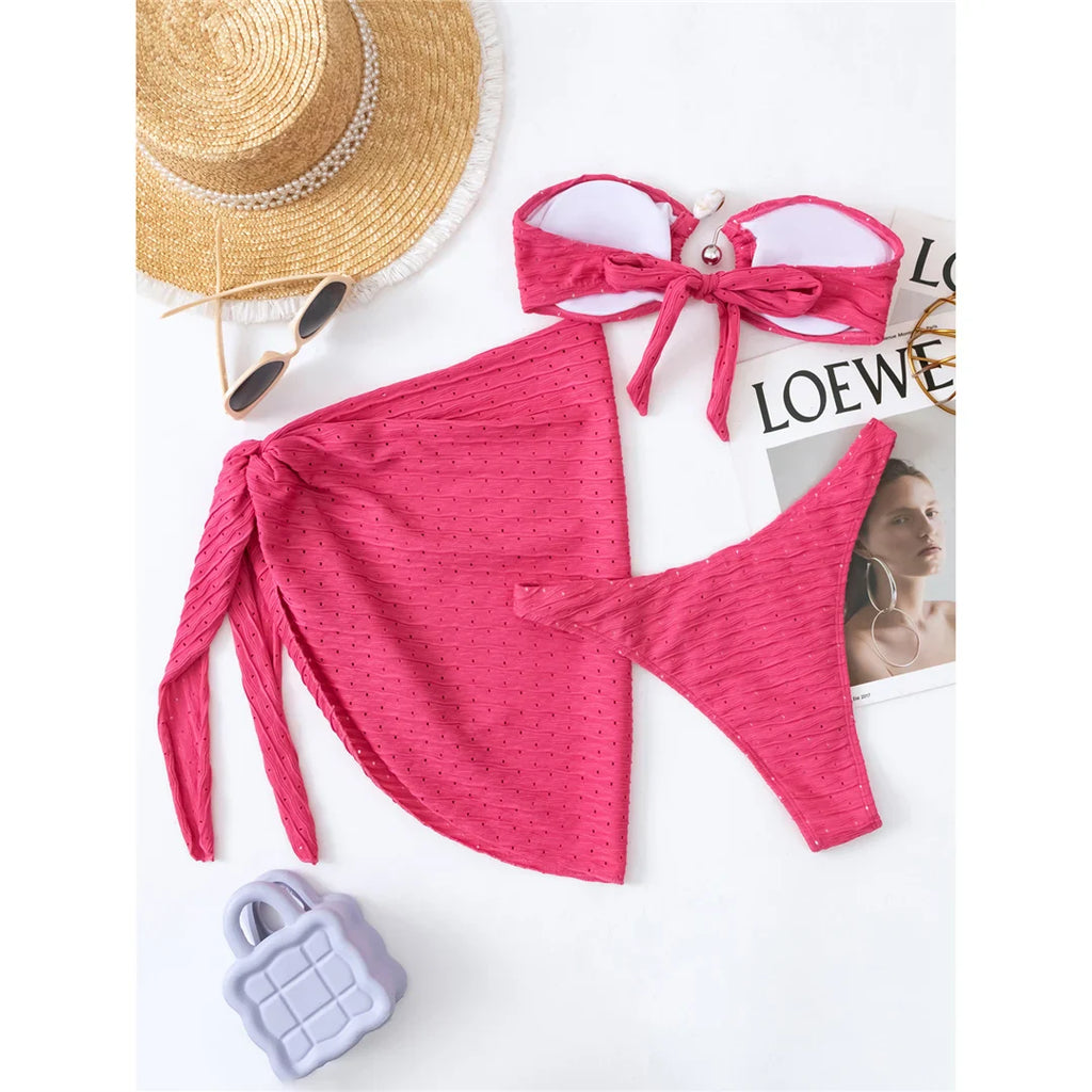 Bandeau Hollow Out Bikini with Sarong