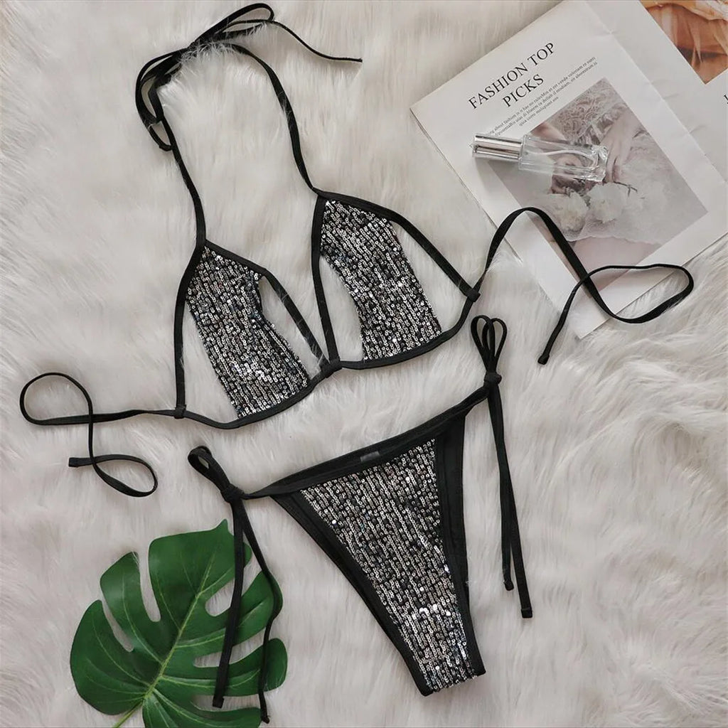 Sequins Halter Strappy Bikini Set