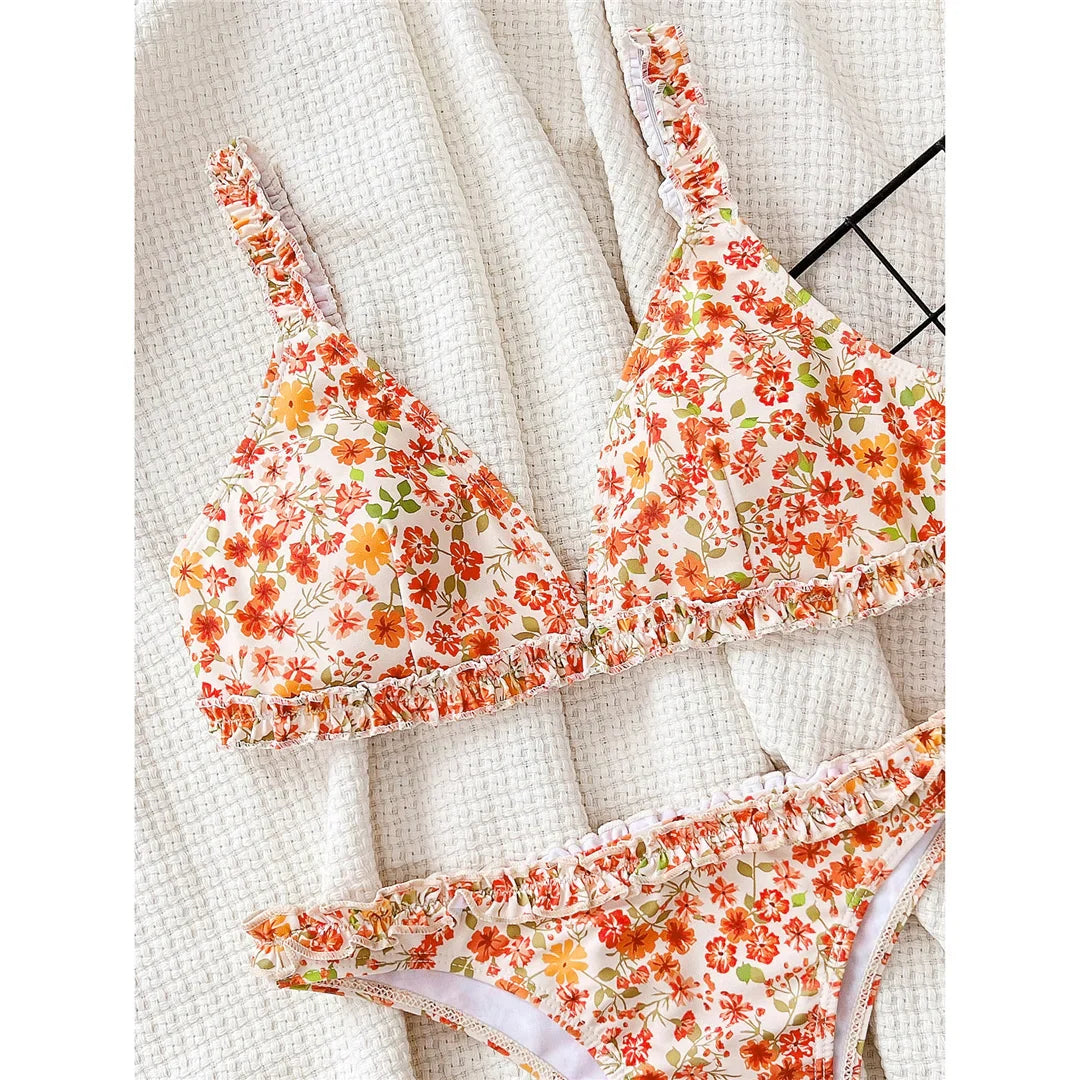 Flowers Printed Ruffled Brazilian Bikini