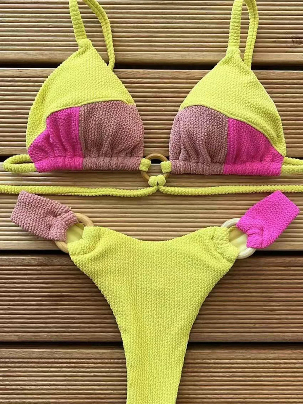Crinkled Splicing Brazilian Bikini Set Yellow Pink Brown