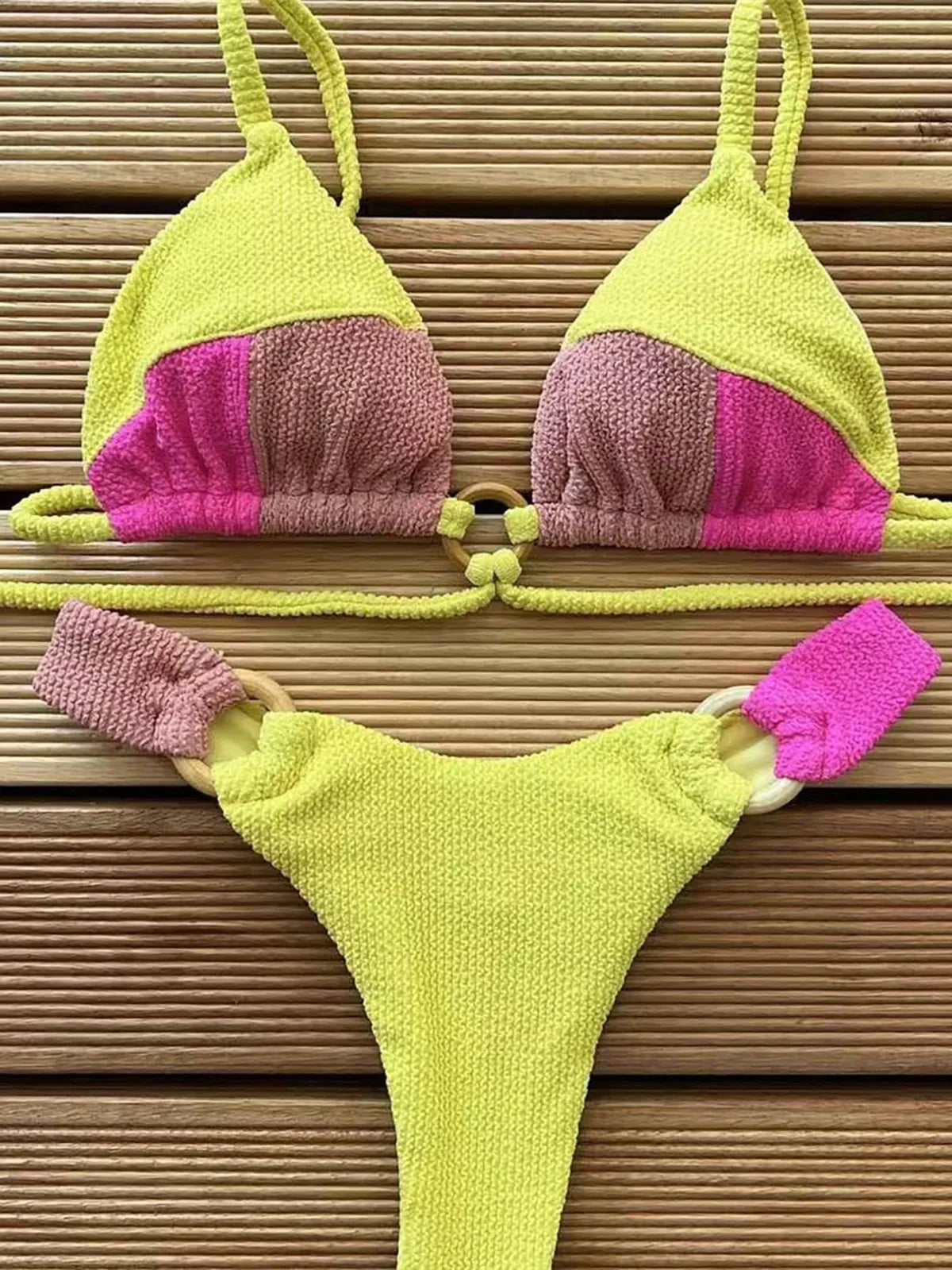 Crinkled Splicing Brazilian Bikini Set Yellow Pink Brown