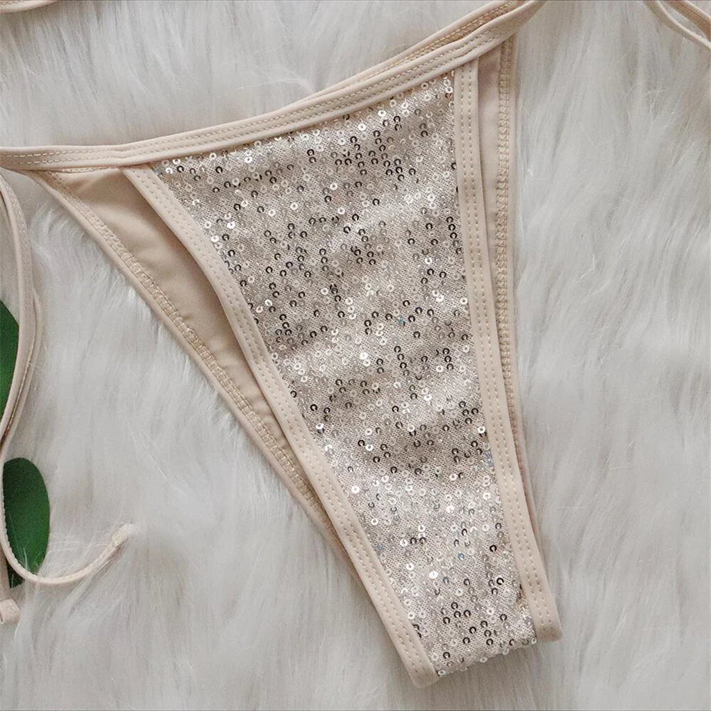Sequins Halter Strappy Bikini Set