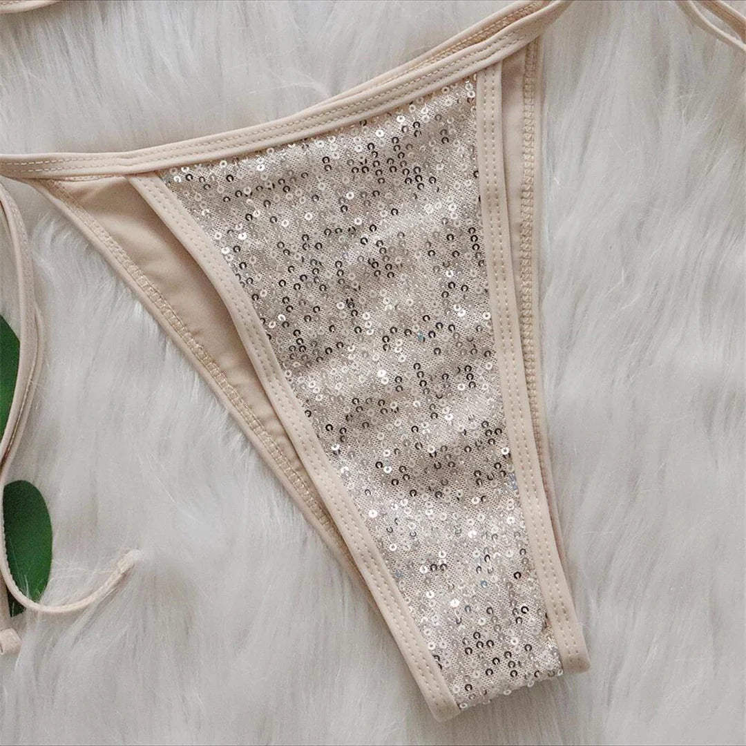 Sequins Halter Strappy Bikini Set