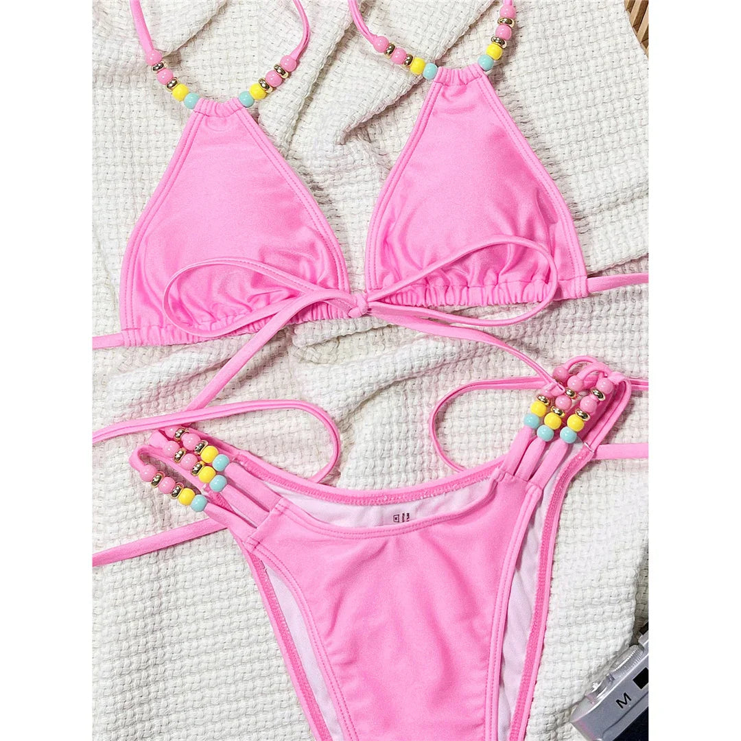 Halter Beaded High Cut Bikini