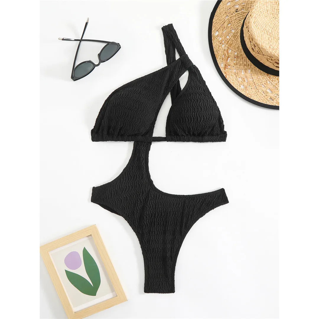 Asymmetric One Shoulder Crinkled Swimsuit Black