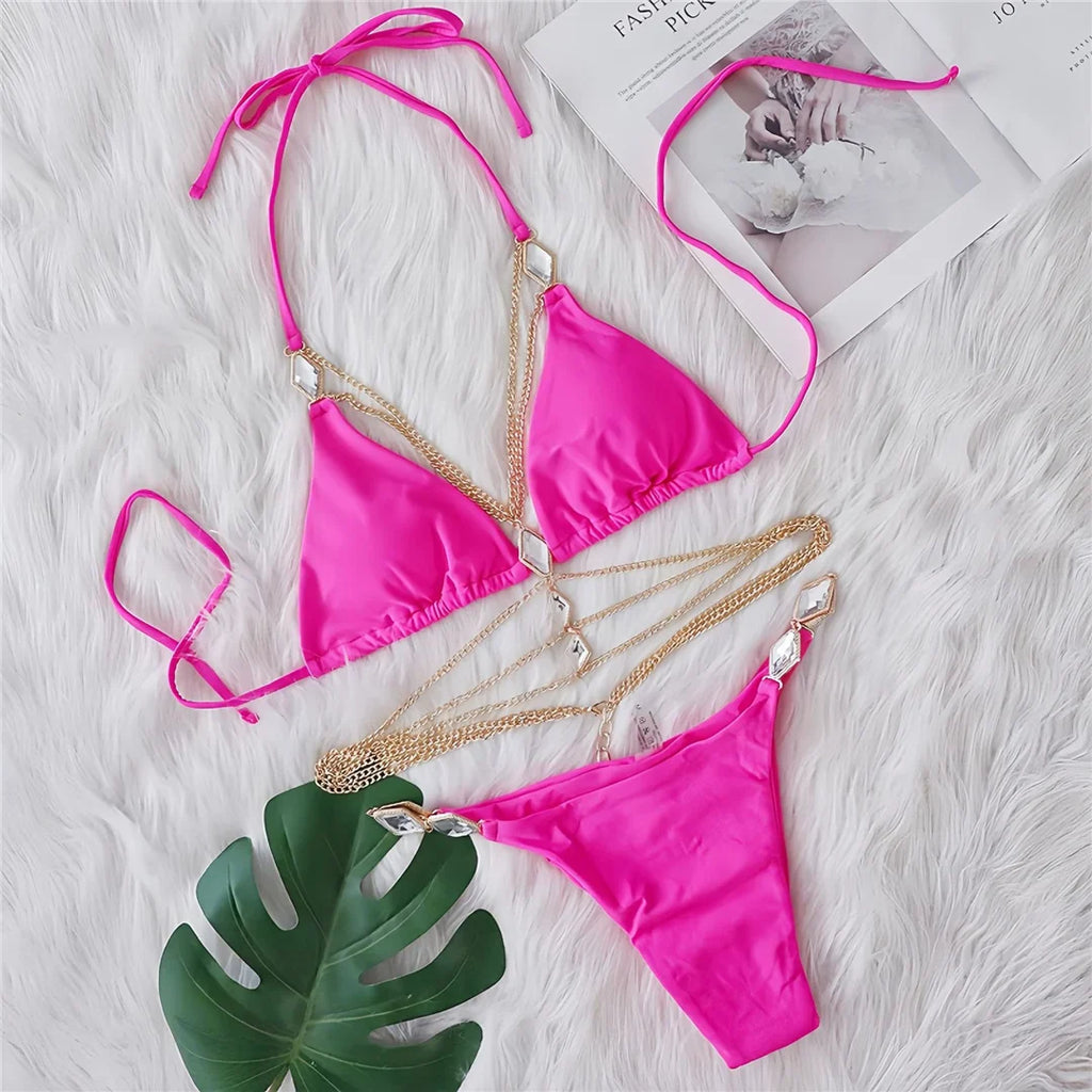Rhinestones Halter Ring Bikini