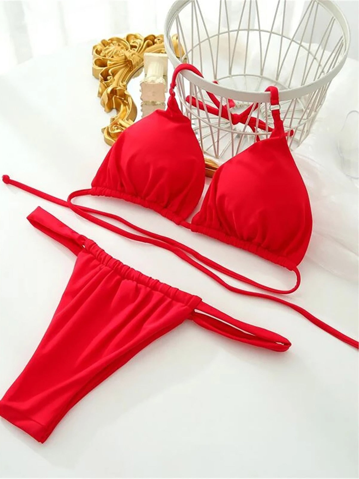 Wrinkled High Cut Thong Bikini Red