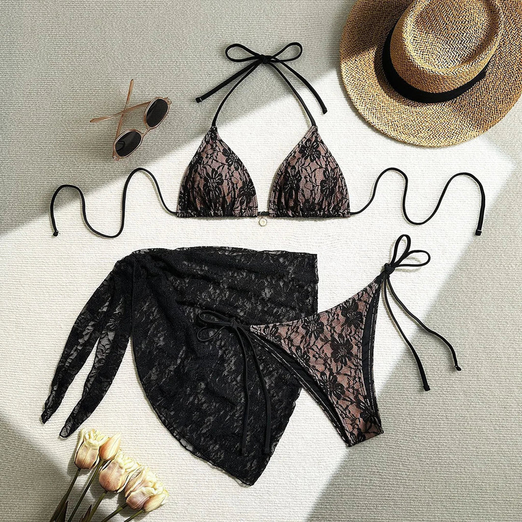 Lace Halter High Cut Bikini Set