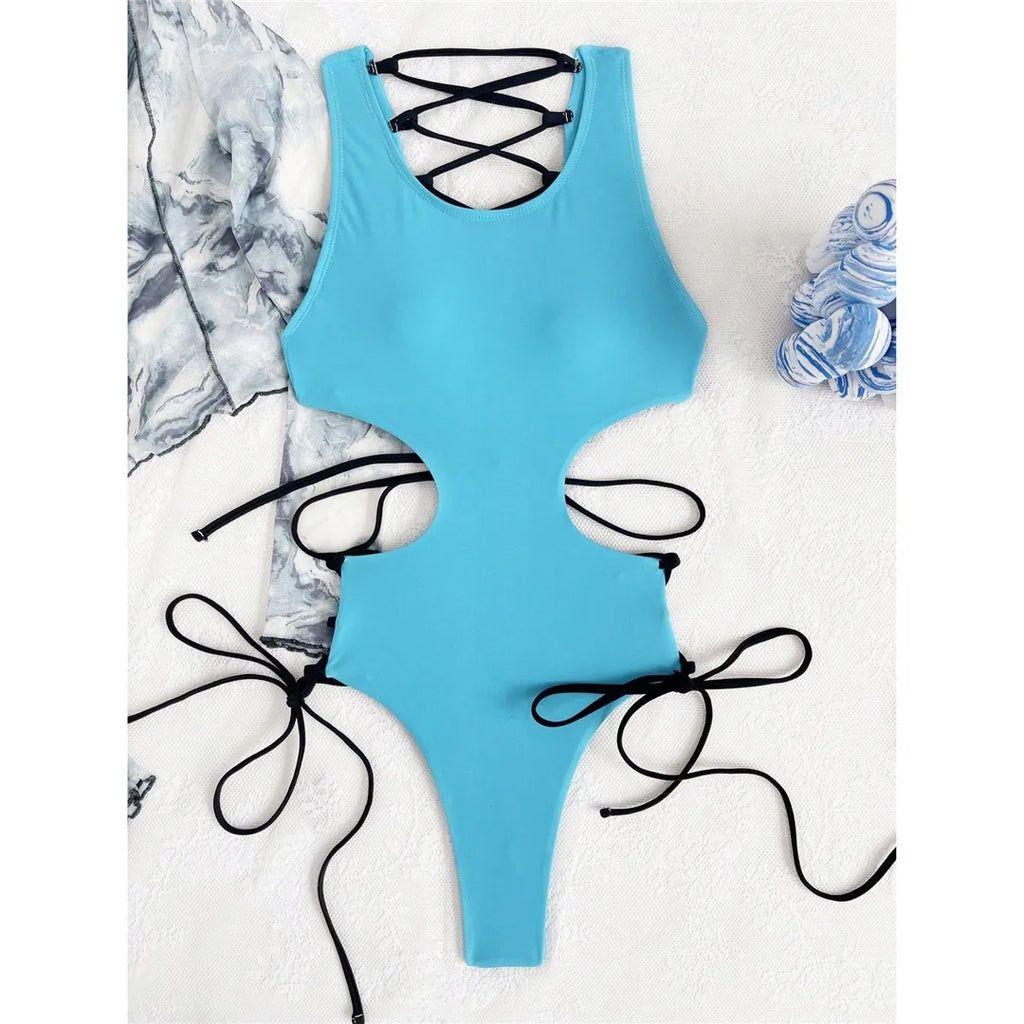 Cut Out Lace-Up One Piece Swimsuit