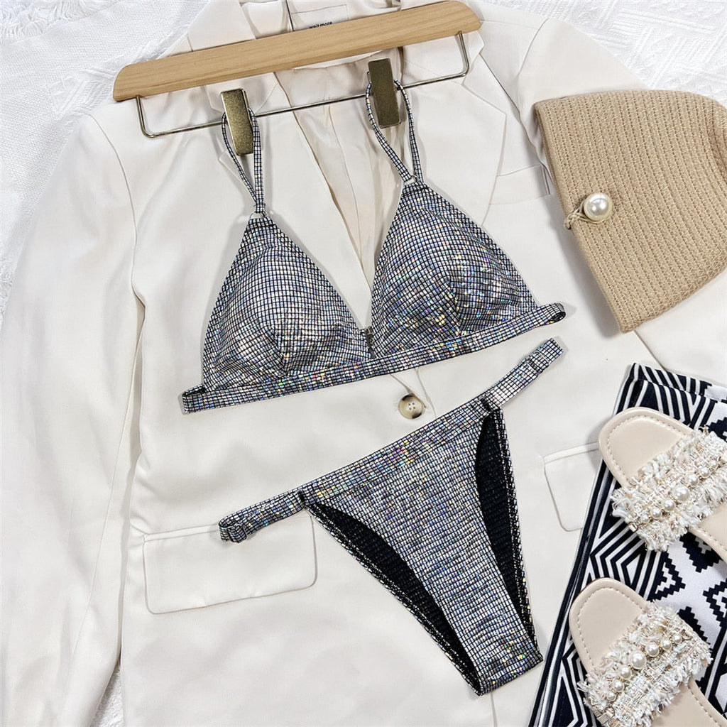 Gold Shiny High Cut Bikini Silver