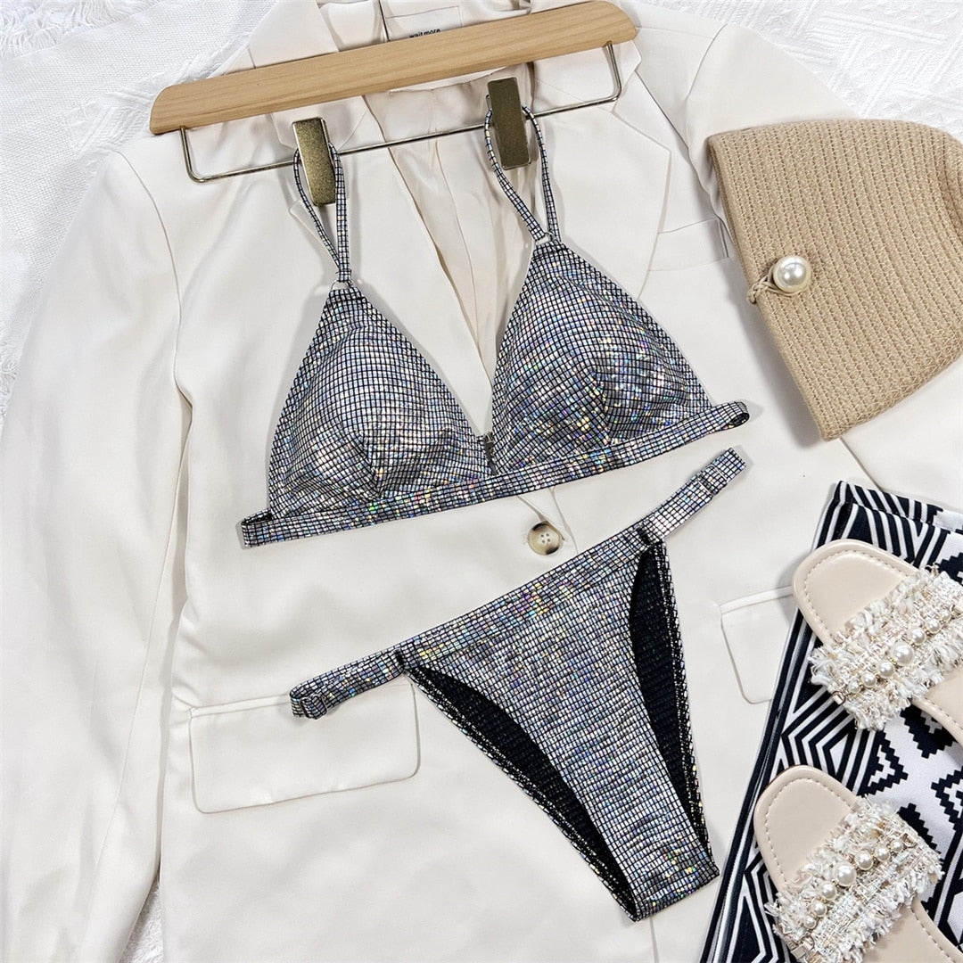 Gold Shiny High Cut Bikini Silver