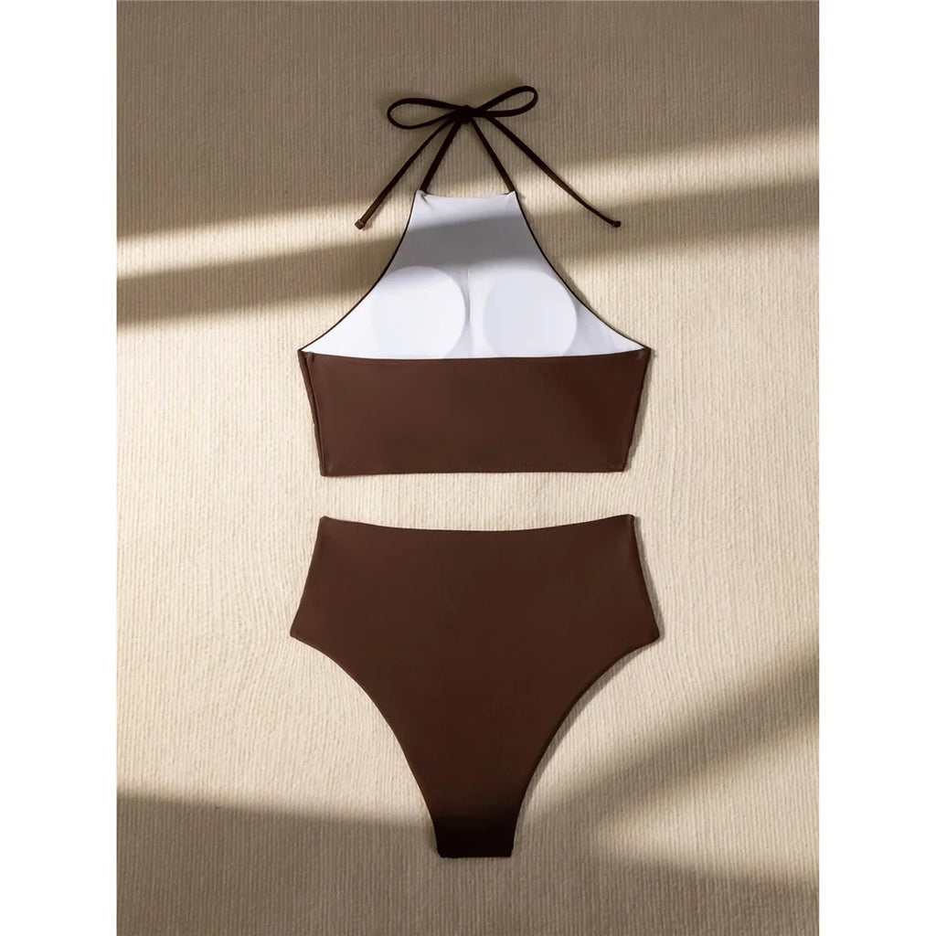 Wrinkled High Neck Halter Bikini Set