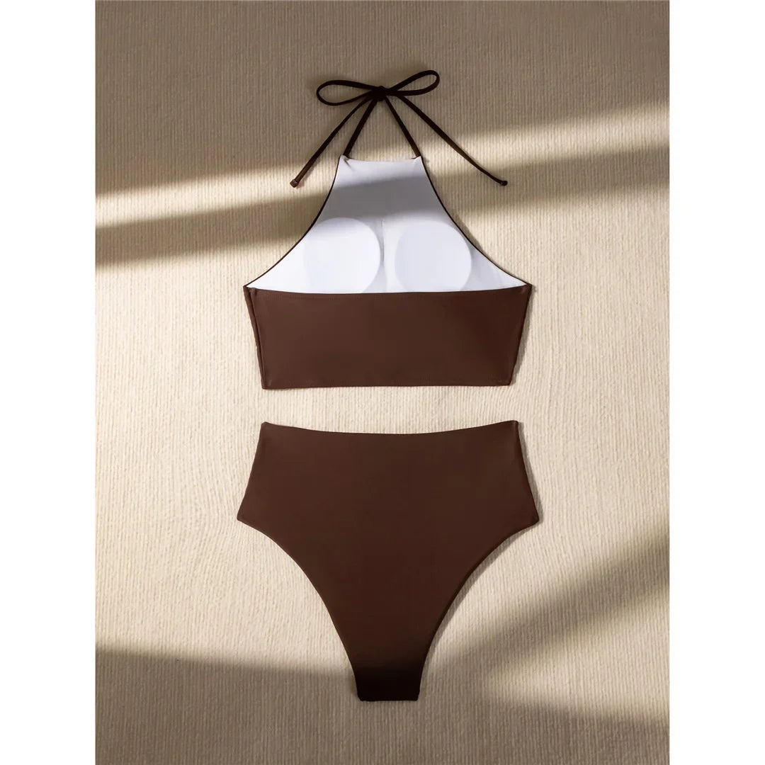 Wrinkled High Neck Halter Bikini Set