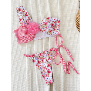 3D Flowers Floral Printed Bikini Pink