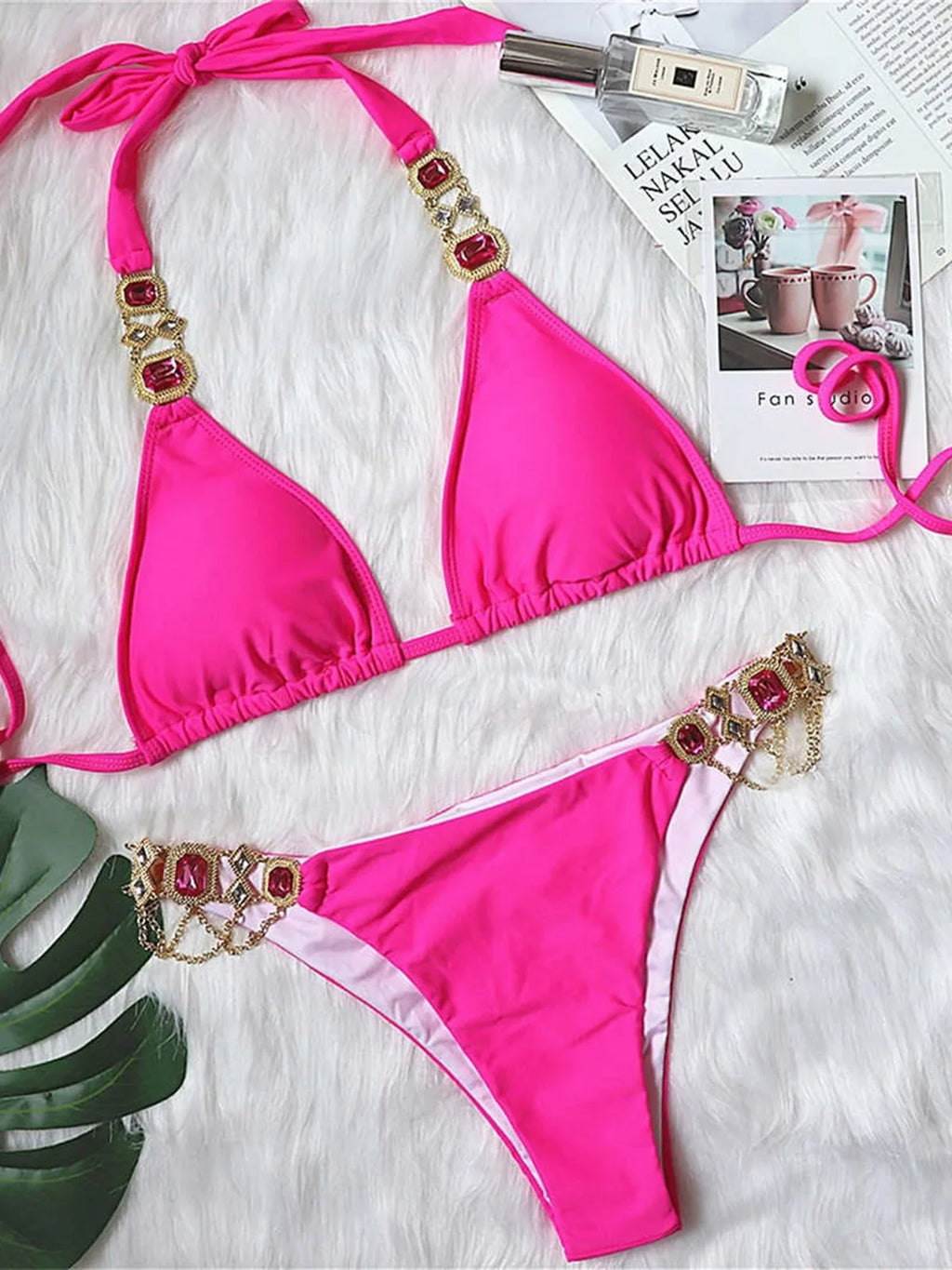 Jeweled Diamond Rhinestone Bikini Hot Pink