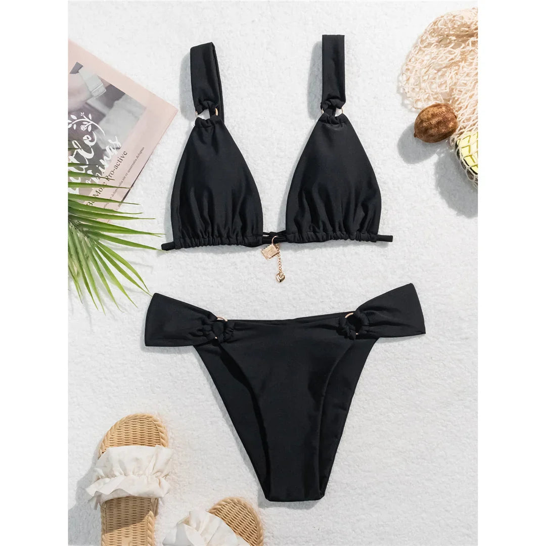 Metal Ring High Leg Bikini Set