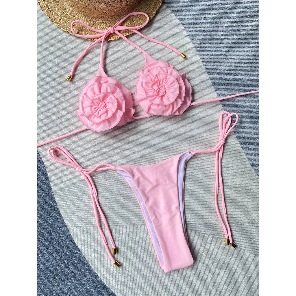 Flowers Halter Thong Bikini Set Pink