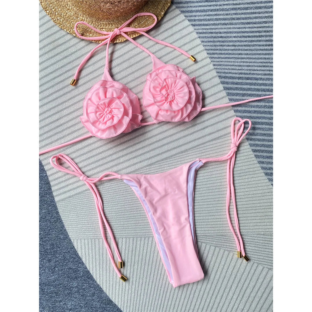 Flowers Halter Thong Bikini Set Pink