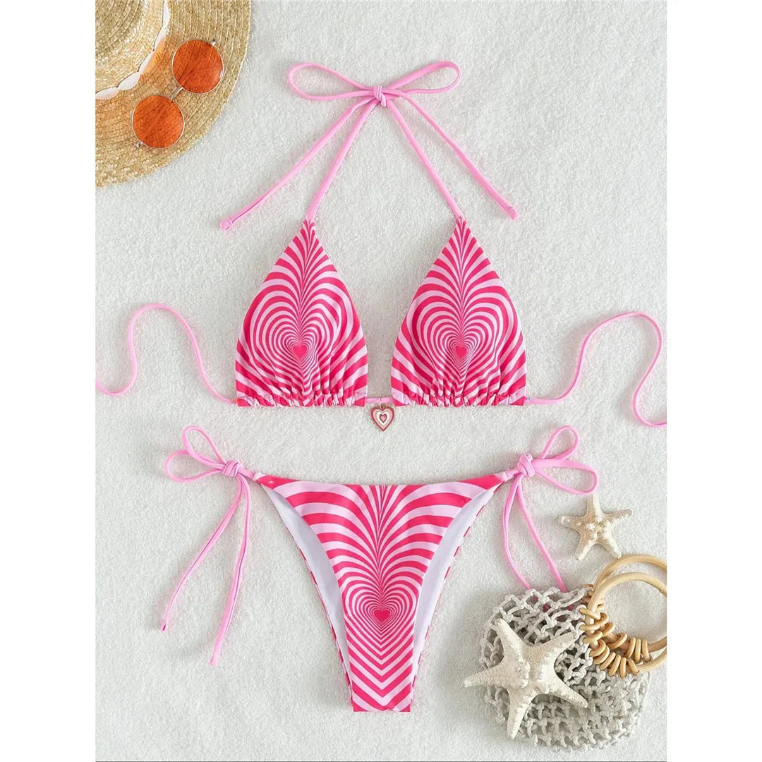 Gradient Halter Strappy Bikini Hot Pink