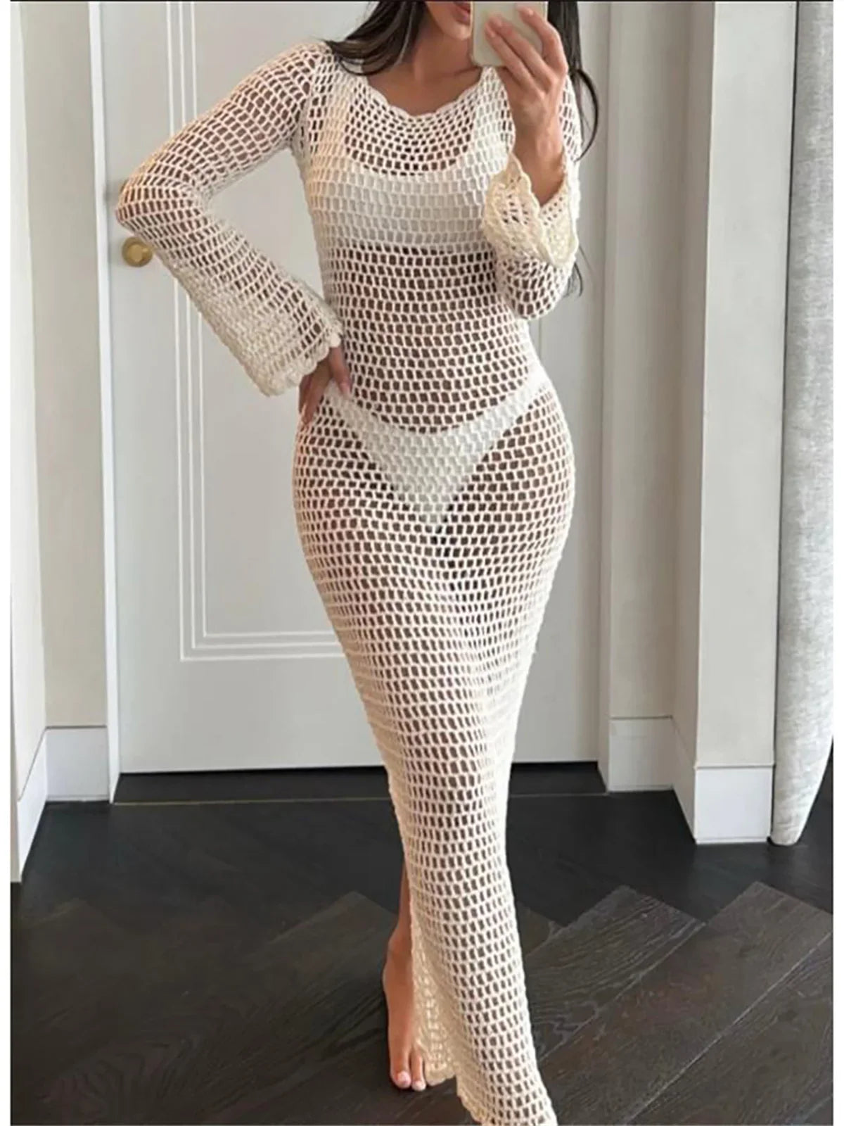 Backless See Through Crochet Tunic White