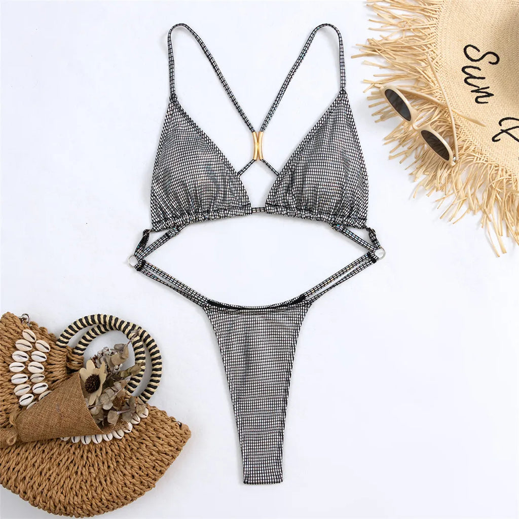 Plaid Cross Back One Piece Silver