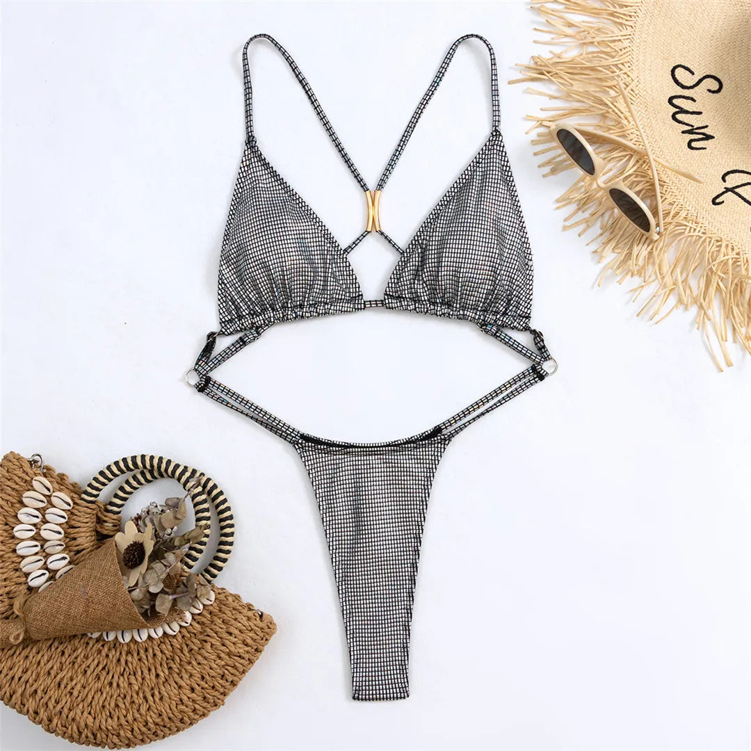 Plaid Cross Back One Piece Silver