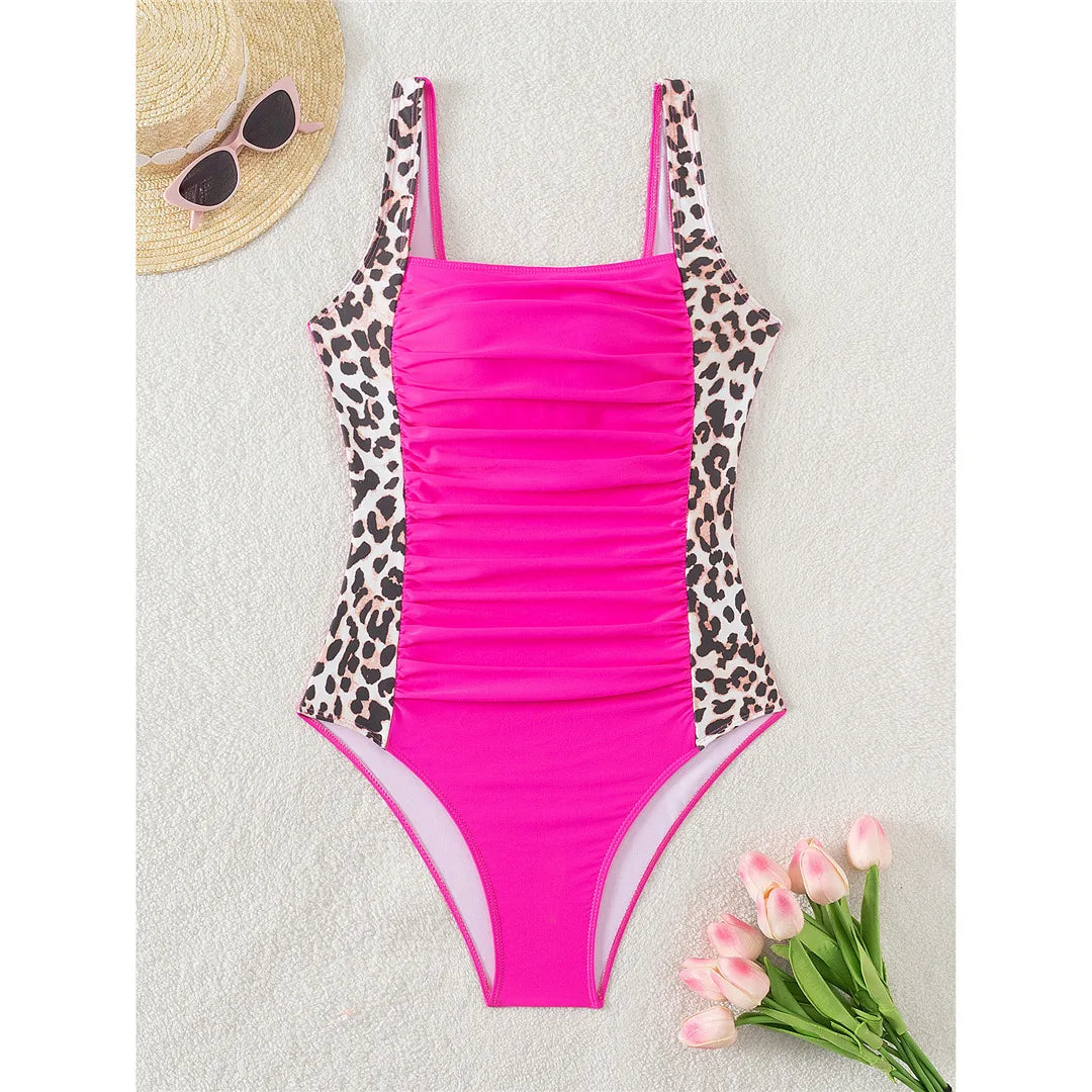 Leopard Splicing One Piece Swimsuit Dark Pink