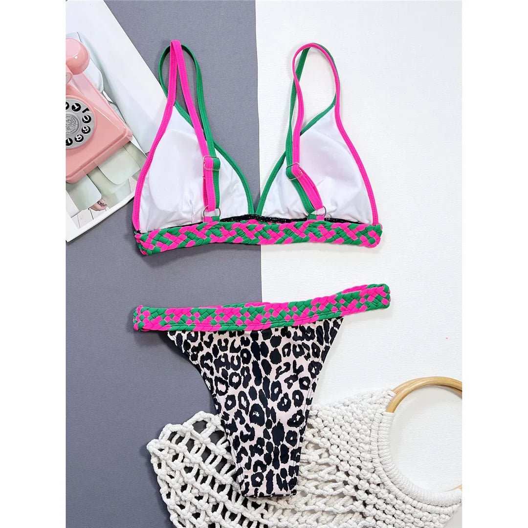 Leopard Printed Splicing Bikini Set