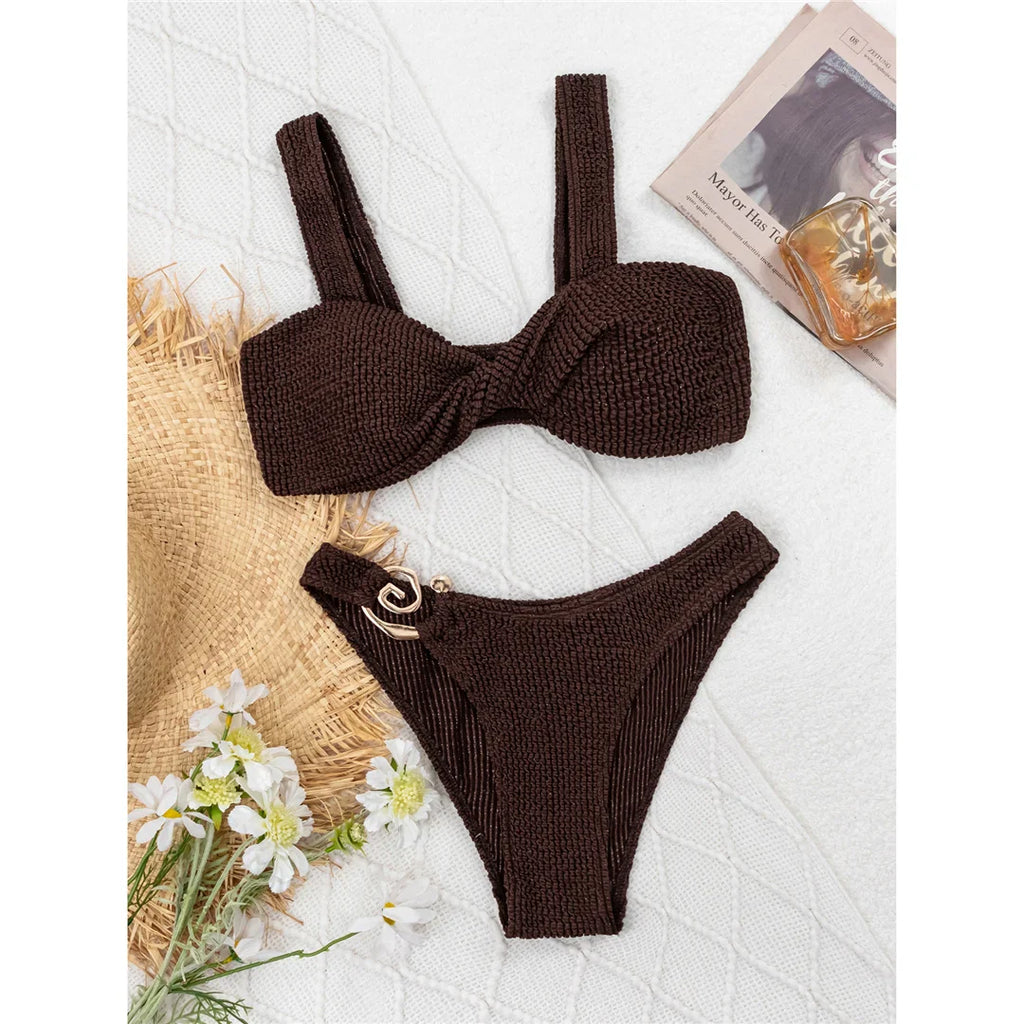 Crinkled Brazilian Bikini Set Coffee