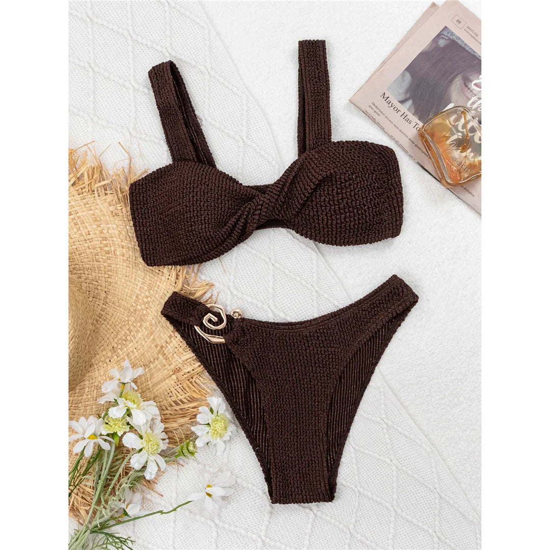 Crinkled Brazilian Bikini Set Coffee