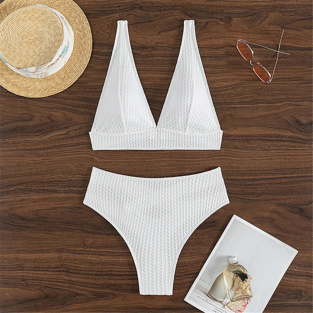 Wrinkled V Neck High-Waist Bikini Set White