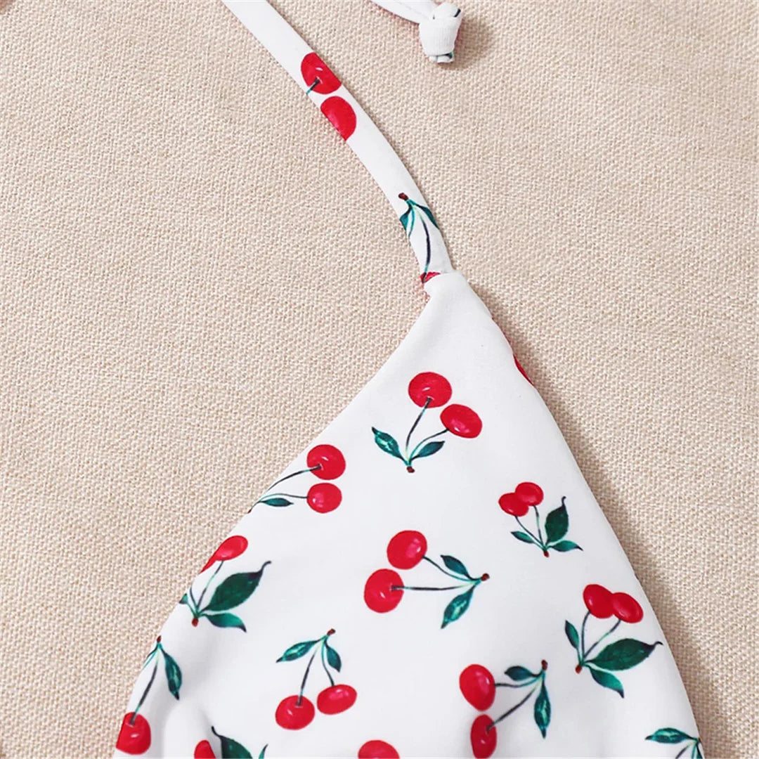 Cherry Printed Halter Strappy Bikini
