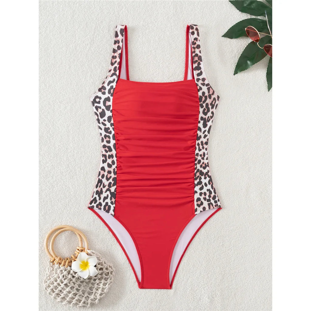 Leopard Splicing One Piece Swimsuit Red