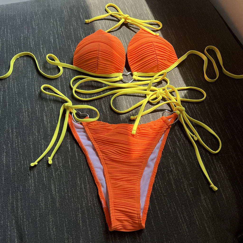 Wrap Halter Wrinkled Bikini Set Orange Red