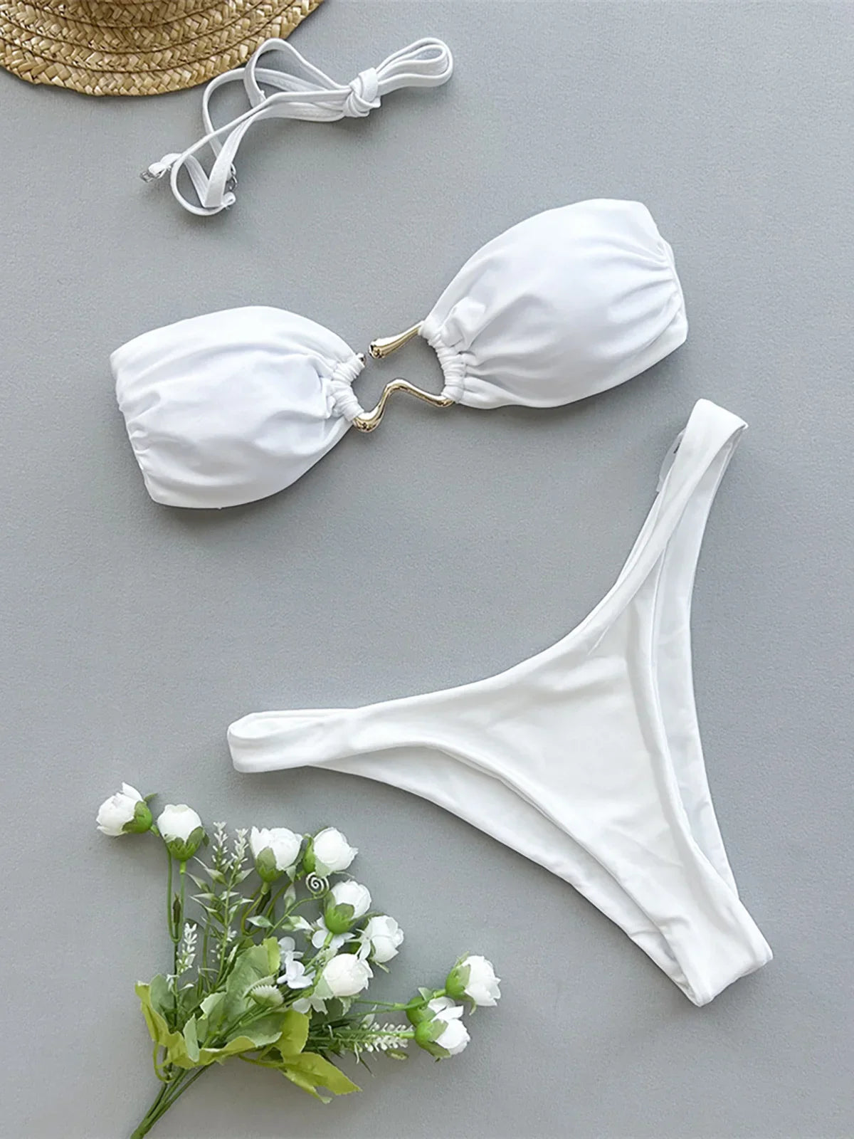 Metal Ring Bandeau Bikini Set Shiny White