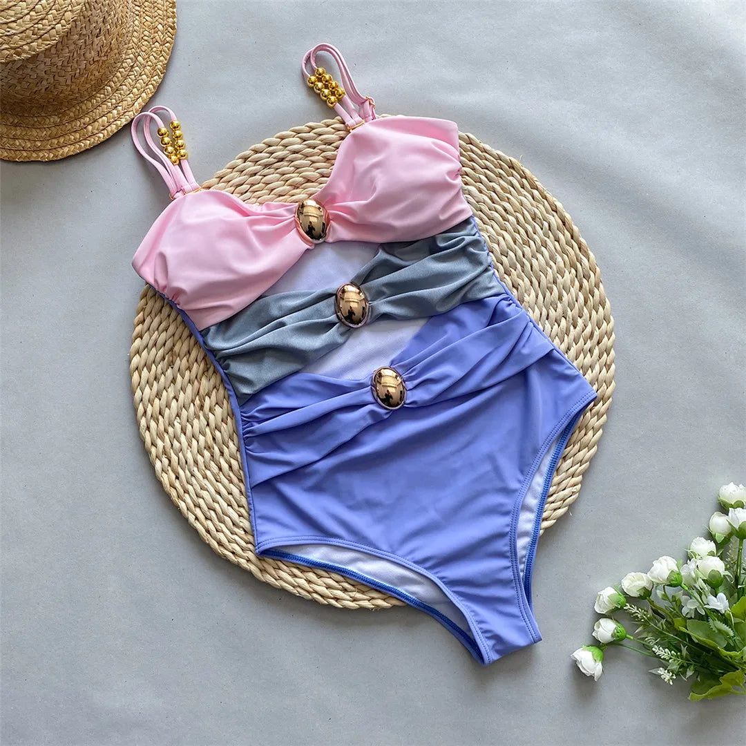 Splicing Knotted Skirt Monokini Swimsuit Pink