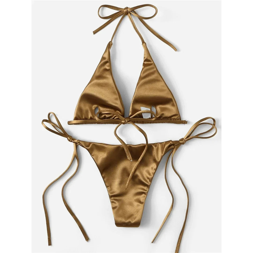 Satin Halter Brazilian Bikini Set
