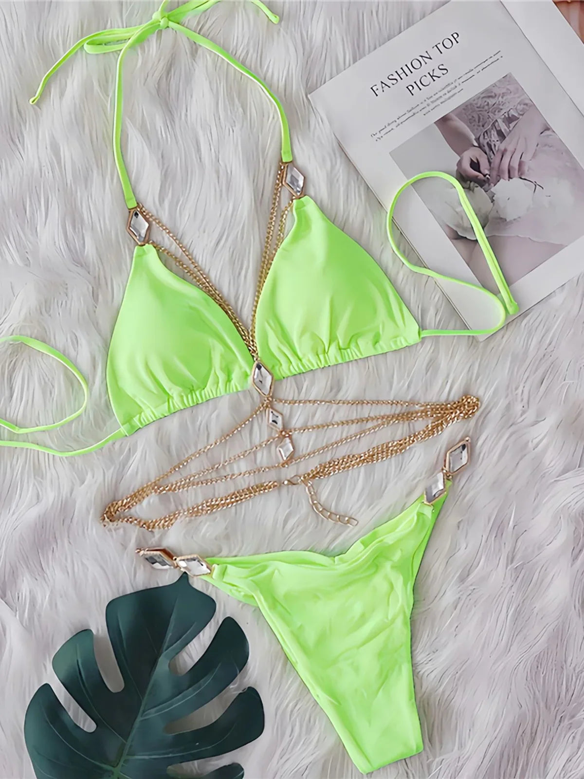 Rhinestones Halter Ring Bikini