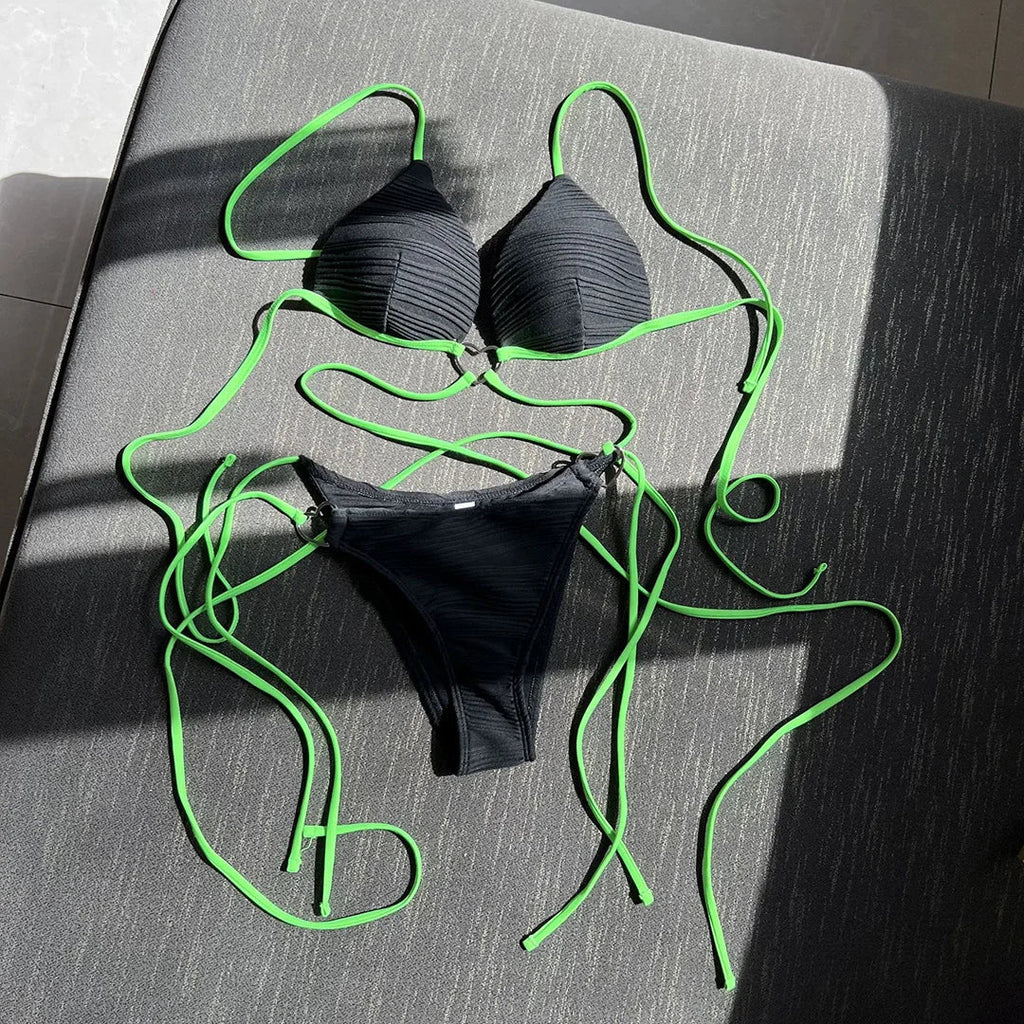 Wrap Halter Wrinkled Bikini Set Black
