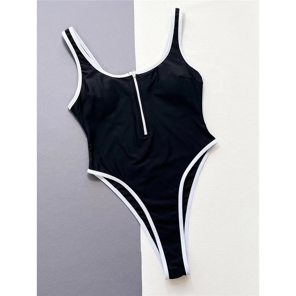 High Leg Cut Zipper One Piece Swimsuit Black