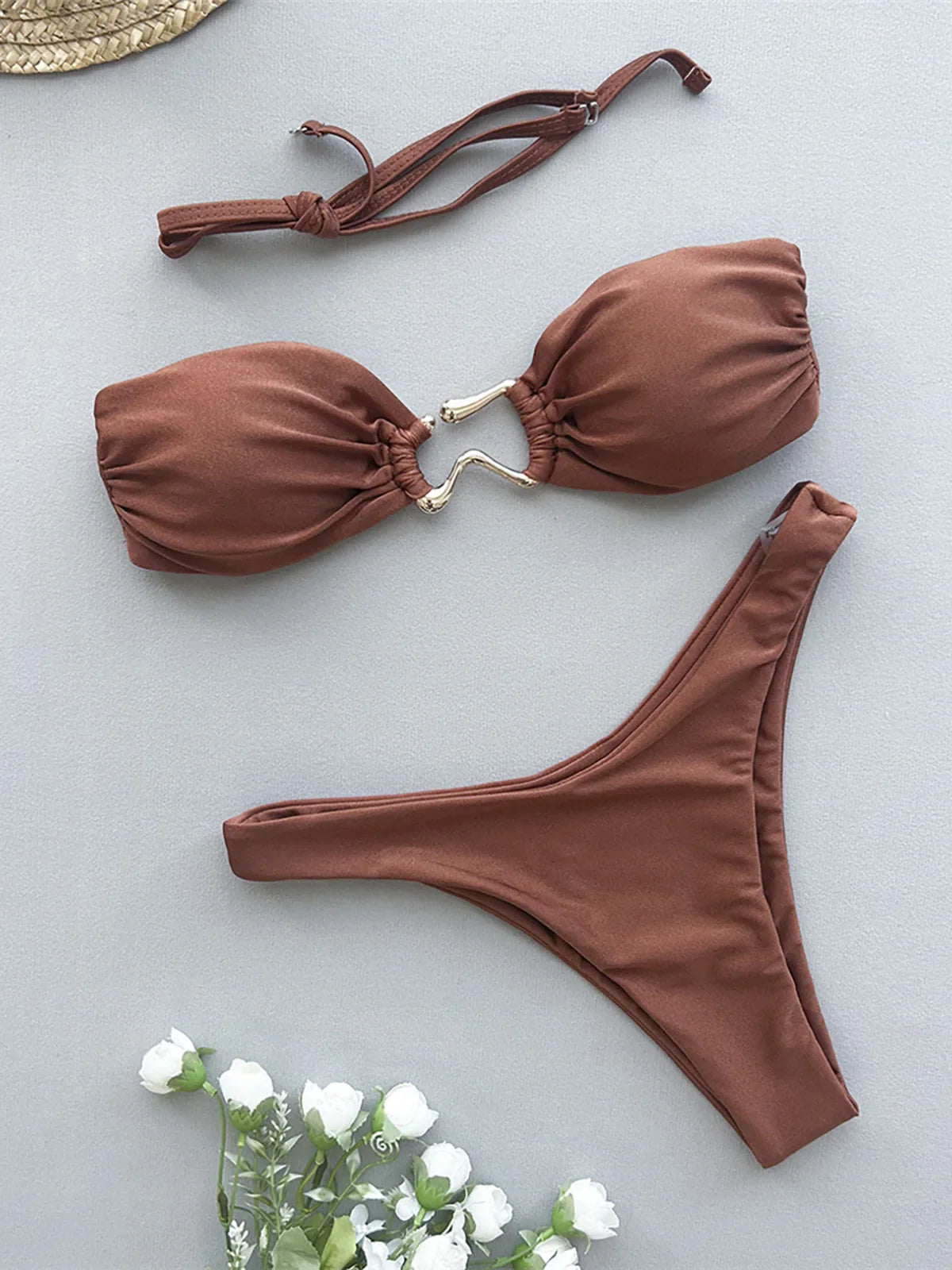 Metal Ring Bandeau Bikini Set Shiny Brown