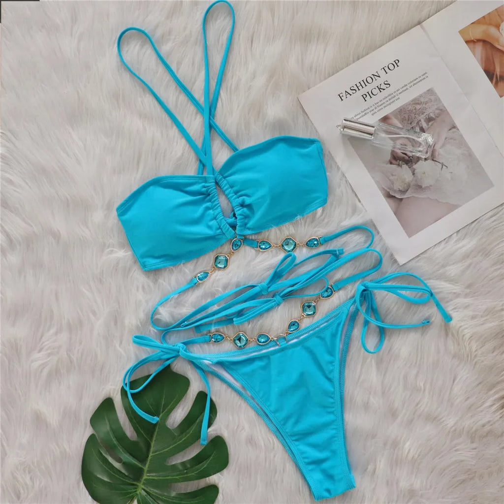 Rhinestone Wrap-Around Bikini Set Lake Blue