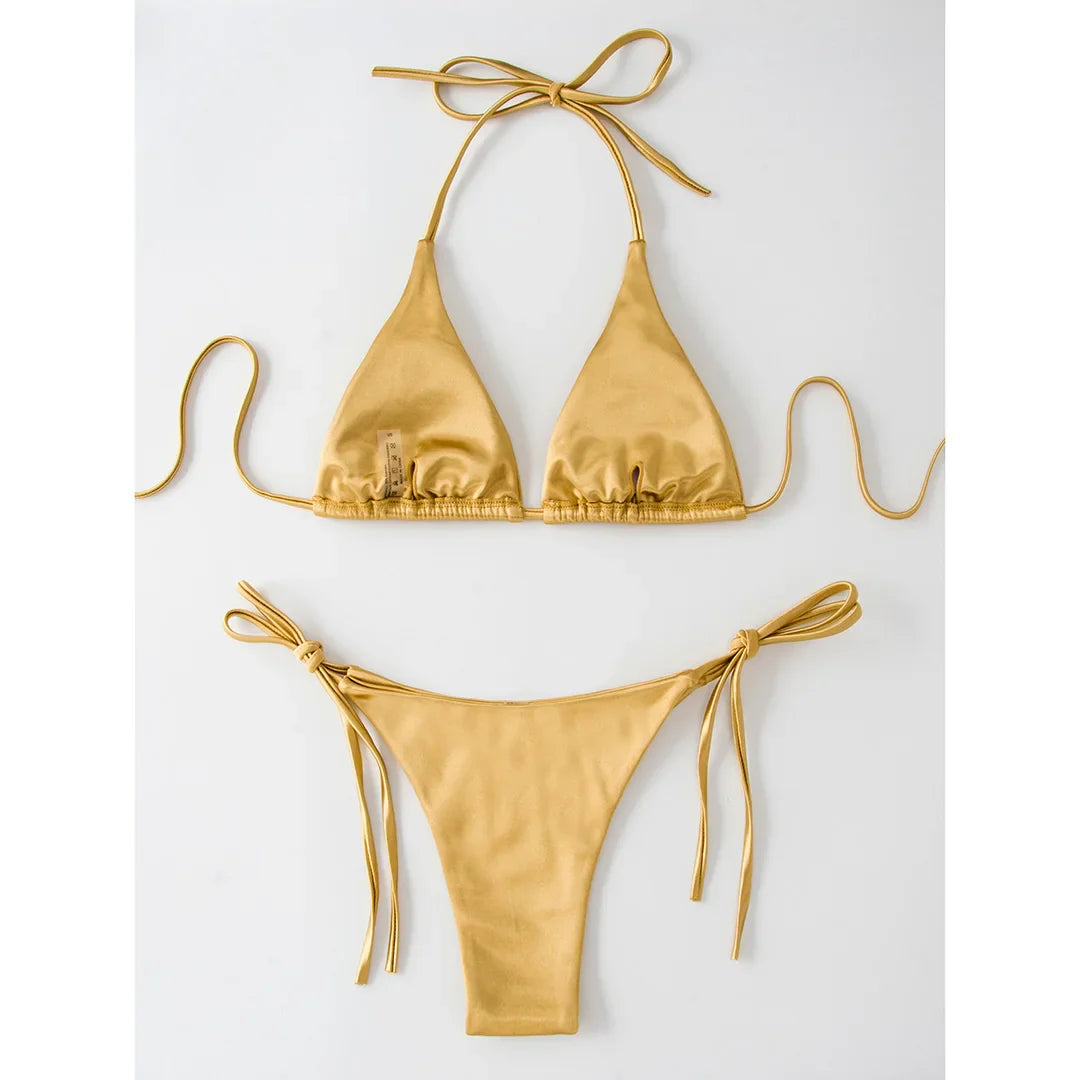 Satin Halter Brazilian Bikini Set