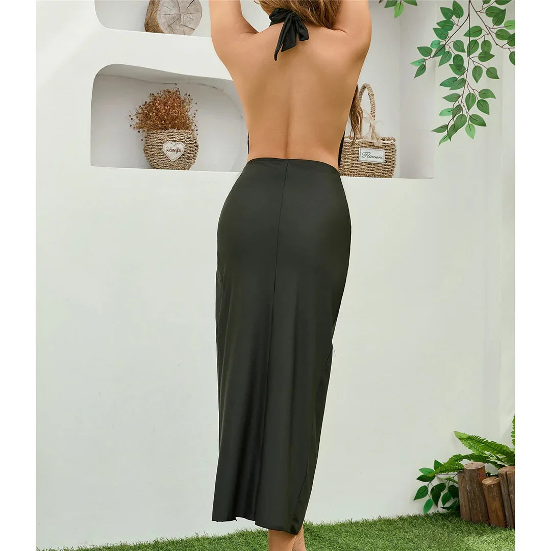 Deep Halter Swimsuit Skirt