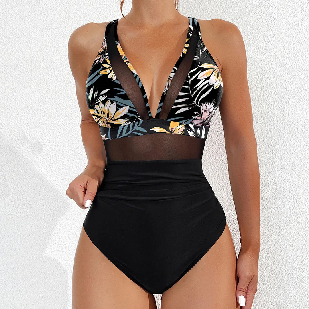Mesh Leopard Print Monokini V-Neck