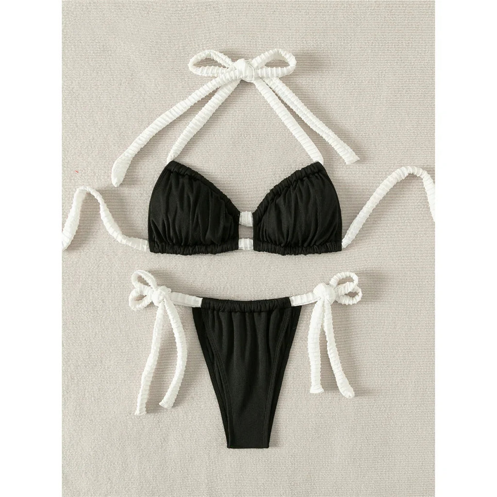 Ribbed Halter Strappy Bikini
