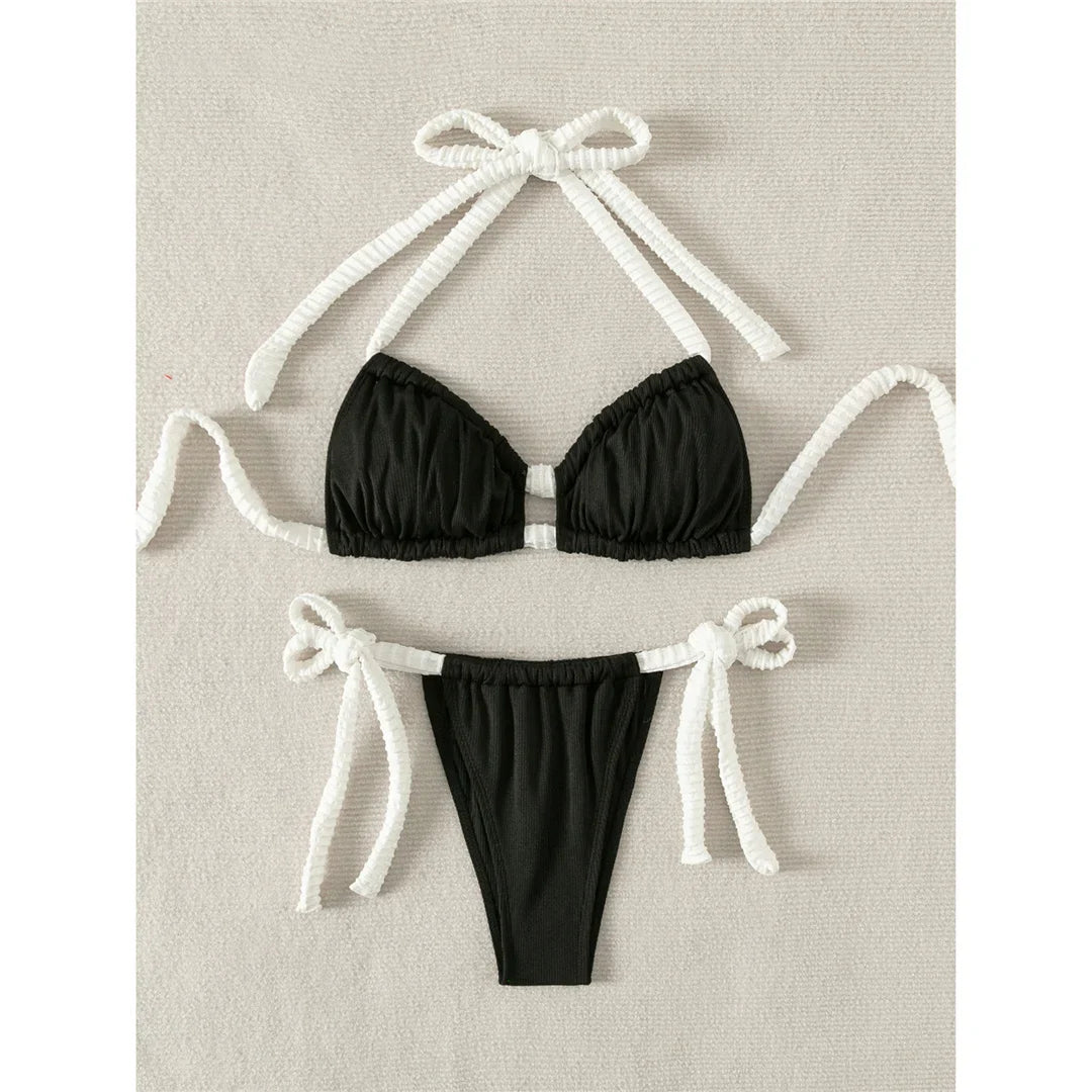 Ribbed Halter Strappy Bikini