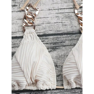 Metal Rings Halter Wrinkled Bikini Set